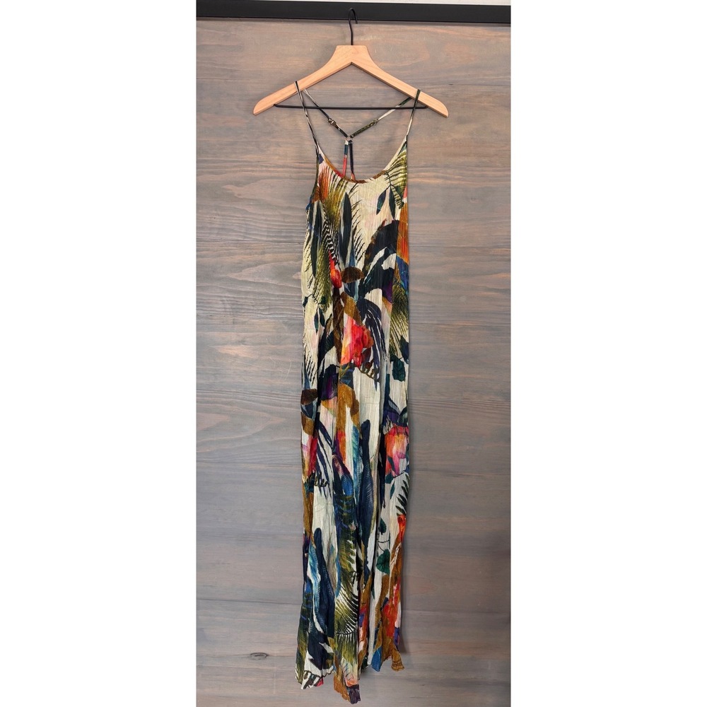 Vitamin A Tropical Palm Plisse Maxi Dress T-Back Racerback Sz S Gauze Swim Cover